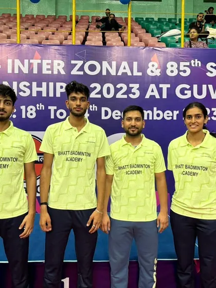 My team of four players representing Bhatt Badminton Academy at the 85th Senior National Badminton Championship in Guwahati. Competing at the national level is a key objective of my program.