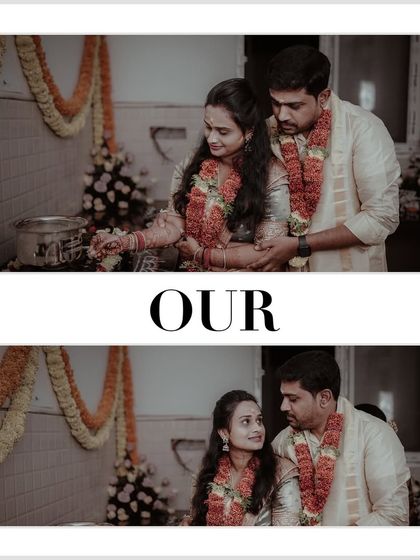 A collage showing the couple during their housewarming pooja. It highlights their shared participation in the sacred ceremonies.