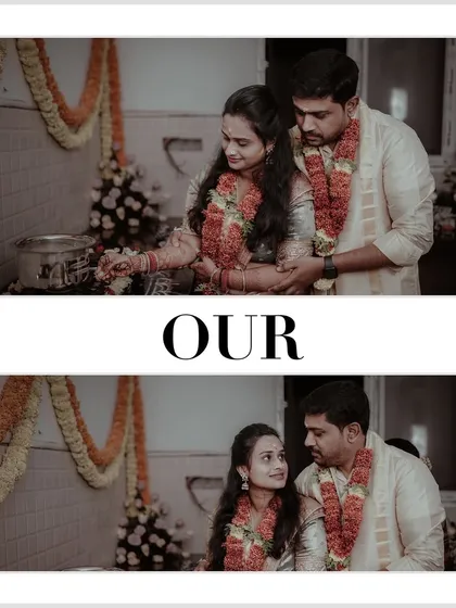 "Our Home." A collage capturing the couple during their housewarming puja. It documents the important traditions that mark the start of life in a new home.