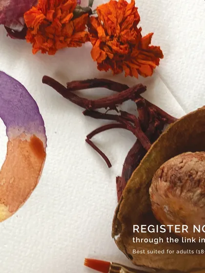 A close-up of the beautiful textures and colors of botanical ink painting. This promotional image invites you to register for our workshop and learn to paint with colors made from marigold flowers and sappanwood.