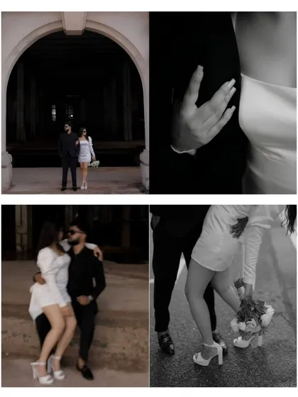 A four-panel collage focusing on details and intimate moments. It includes close-ups of their hands, playful interactions, and dramatic poses under an archway, emphasizing the romantic and sensual side of their connection.