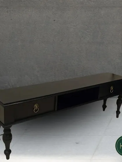 Another shot of the classic dark TV console, highlighting its clean lines and traditional detailing.