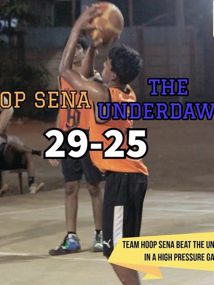 A score update from Hooplah '24, showing Hoop Sena's win over The Underdawgs in a high-pressure game.