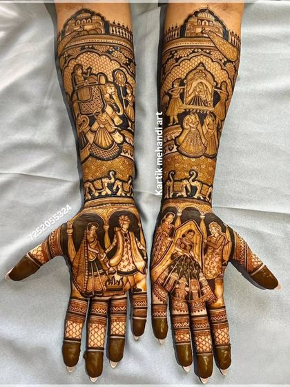 An epic bridal mehandi design that tells the entire wedding story. It features a baraat procession, a doli scene, a varmala ceremony, and a family portrait, all in one cohesive design.
