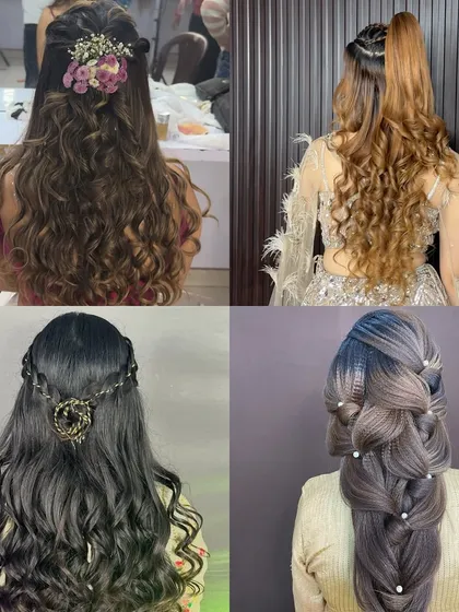 My courses cover a wide range of open hairstyles. This collage shows the variety you can learn, from soft curls with floral accessories to intricate braids and high ponytails.