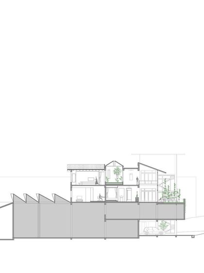 A cross-section diagram of the 'Aangan' house. This architectural drawing shows the relationship between the residential apartment and the industrial unit below, as well as the multi-level courtyards.