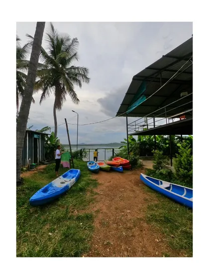A view of our boat launch area, with colorful kayaks and canoes waiting for the next group of adventurers.