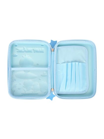 The interior of a kids' pencil case, showing the mesh pocket and pen holders.