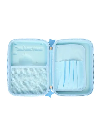 The interior of a kids' pencil case, showing the mesh pocket and pen holders.