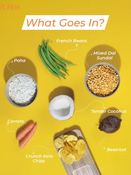 What goes into our Sundal-icious bowl? A mix of poha, mixed dal sundal, fresh french beans, carrots, beetroot, and crunchy kela chips for texture.