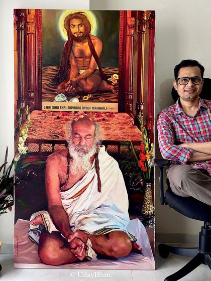 Here I am with the completed, massive oil painting of the Guru. It's a rewarding feeling to stand next to a piece that took so much focus and dedication.