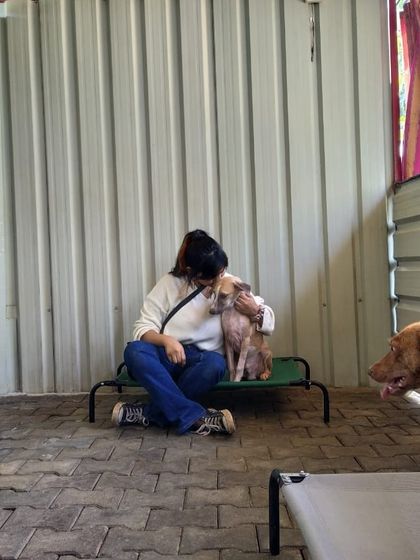 A gentle hug for a shy dog at the shelter. Building trust takes time and patience, but it's always worth it.