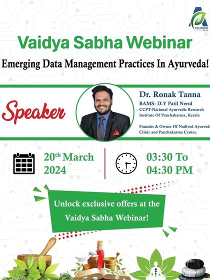 The poster for a Vaidya Sabha Webinar where I was invited as a speaker to discuss emerging data management practices in Ayurveda, bridging ancient wisdom with modern technology.