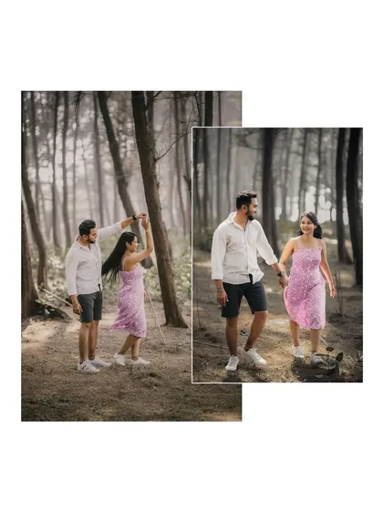 Two action shots of the couple dancing and walking in the forest, capturing movement and joy.