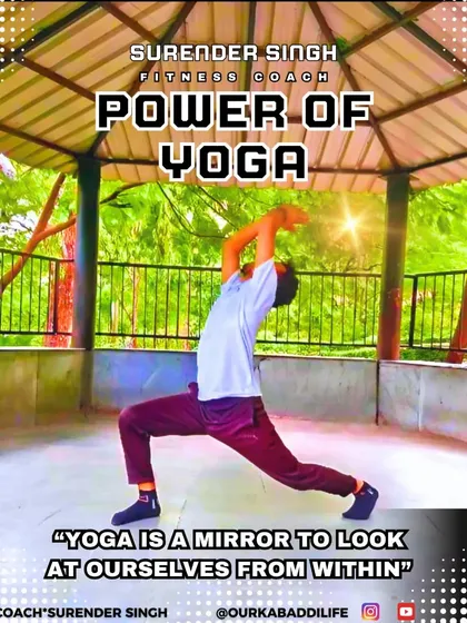 A graphic showing the power of yoga. I am in the Virabhadrasana (Warrior Pose), which builds strength and confidence. Yoga is a mirror to look at ourselves from within.