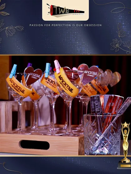 Custom heart-shaped "Mocktail Studio" tags, showcasing the branding for our exclusive non-alcoholic bar service at an awards event.