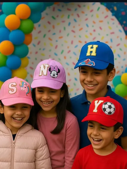 A group of smiling children showing off their unique, custom-designed caps at a birthday party. Each cap reflects their personality with different initials and patches like Minnie Mouse, a unicorn, and a soccer ball.