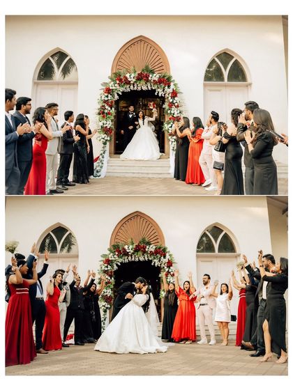 The grand exit from the church, with friends and family cheering the newlyweds on. This diptych captures the joy and celebration of the moment.