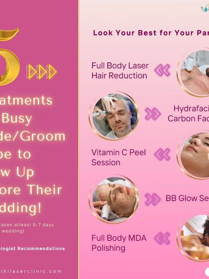 For brides and grooms to be, I recommend a combination of treatments to ensure you glow on your wedding day. This package includes full-body laser hair reduction for smooth skin that looks perfect in photos and in person.