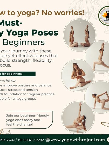 A poster for beginners, highlighting 5 must-try yoga poses and inviting them to join my beginner-friendly class.