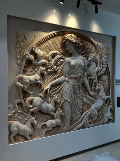 A full view of the installed Greek mural, showcasing how it commands attention in a modern home.