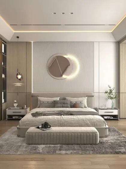 A bright and airy bedroom design with a focus on natural textures. This room includes a fluted wood panel wall, a glass-fronted wardrobe for a spacious feel, and a modern art piece above the bed.