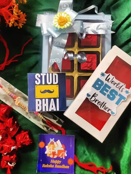 Another Rakhi gift set for the "Stud Bhai," featuring a box of chocolates, a rakhi, and other fun items.