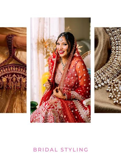 A snapshot of our bridal styling service. This image features a bride in a traditional red lehenga, surrounded by details like her ornate bag and statement necklace, showing our holistic approach.