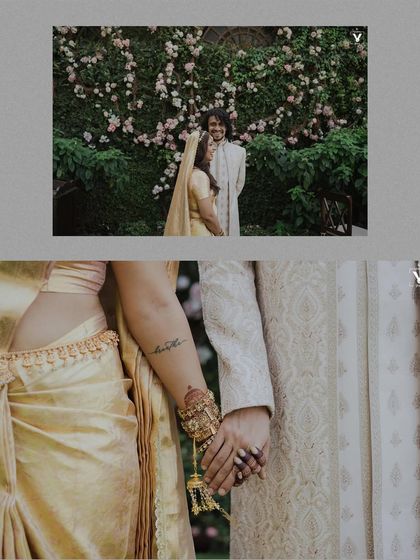 An artistic collage showing the couple's hands intertwined, a detail of the bride's tattoo, and their portrait against a floral wall. It's a beautiful summary of love and personal details.