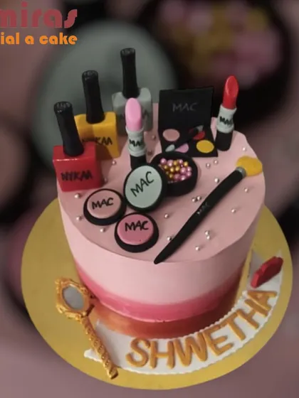 For the makeup lover, this cake is a dream come true. I meticulously sculpted edible versions of popular makeup products from brands like MAC and Nykaa, including lipsticks, nail polishes, and eyeshadow palettes, all arranged on a stylish pink ombre cake.