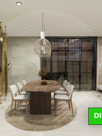 This image shows the open-plan layout connecting the living and dining areas. The cohesive design language, including the flooring and wall treatments, ensures a seamless transition between the two functional zones.