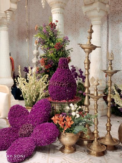 Another angle of the unique purple floral sculptures, showcasing their texture and form.