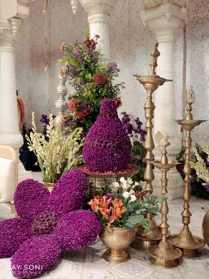 Another angle of the unique purple floral sculptures, showcasing their texture and form.