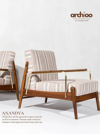 The 'Anandya' lounge chair is designed with ergonomics in mind for ultimate comfort. The base is made of solid teak and hundread of teak supported on bent brass metal rods, creating a timeless piece for relaxation.