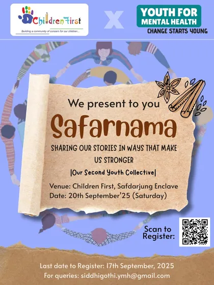 In collaboration with Youth for Mental Health, we present 'Safarnama', a sharing circle for young people. This event poster invites college students to a free, collective space to share stories, connect, and co-create hopeful actions for our community.