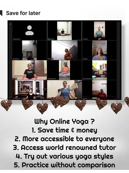 This graphic highlights five key advantages of online yoga: it saves time and money, is more accessible, allows you to learn from world-renowned tutors, try various styles, and practice without comparison.