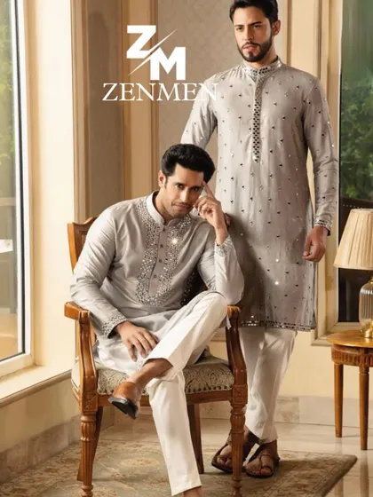 My collection also includes sophisticated options for any celebration. These elegant grey kurta sets feature subtle mirror work, offering two distinct styles for a coordinated yet individual look.