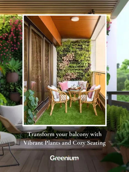 A cozy and inviting balcony setup featuring a vertical garden, artificial grass flooring, and comfortable rattan furniture. This design is perfect for enjoying a morning coffee or relaxing in the evening.