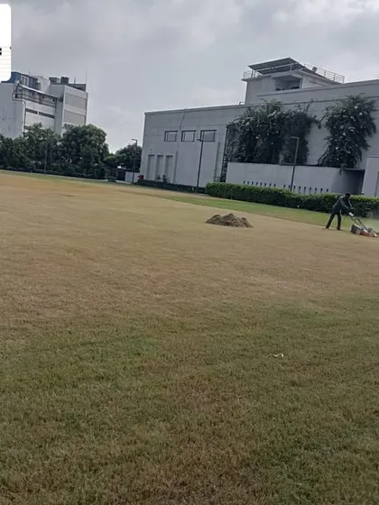 Our team at work on a large-scale lawn installation. This shows the process of leveling the ground and mowing a newly established turf area to ensure it grows in perfectly.