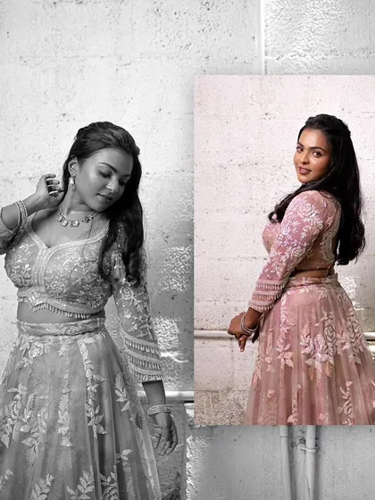 A creative collage showing a model's reception look in both color and black and white, highlighting the timeless appeal of the style.