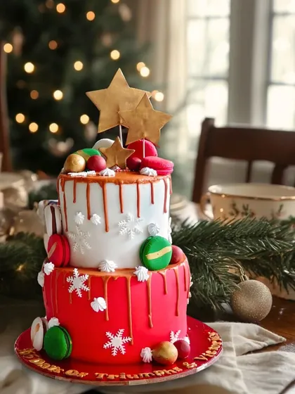 A two-tiered custom Christmas cake, perfect as a centerpiece for a holiday party. This design features a festive red and white theme with a caramel drip, macarons, and snowflake details.