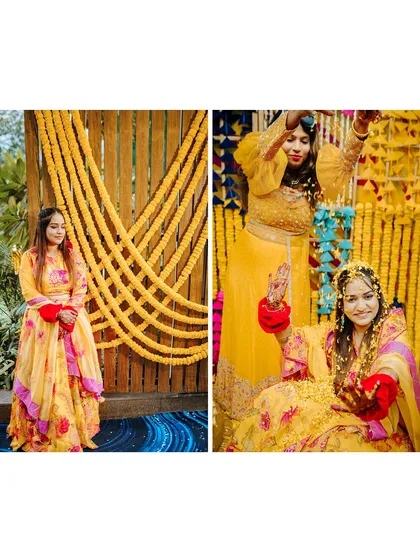 A diptych showing the bride's elegant portrait and a fun, candid moment of her dancing during the Haldi ceremony.