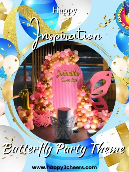 This graphic highlights a butterfly party theme I designed for a first birthday. It showcases a pink ribbed backdrop, a custom name sign, and a balloon arch in shades of pink and rose gold, perfect for a delicate and beautiful celebration.