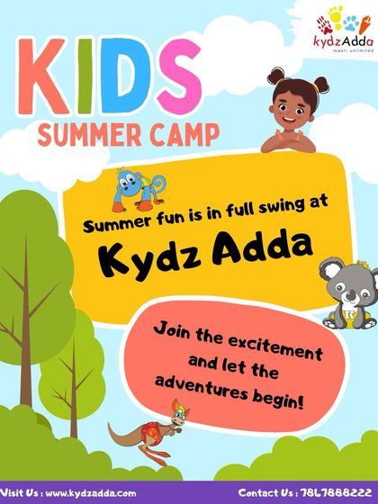 A bright and cheerful poster announcing that summer fun is in full swing at Kydzadda, inviting everyone to join the adventure.