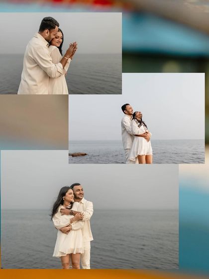 A collage of the couple in matching white outfits by the sea. The soft, overcast light creates a gentle and romantic mood.