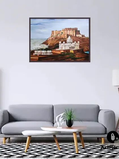 This is a custom landscape painting of a historic Indian fort, displayed in a client's living room. We work with acrylics on canvas to create detailed scenes that bring a sense of place and history into your home decor.