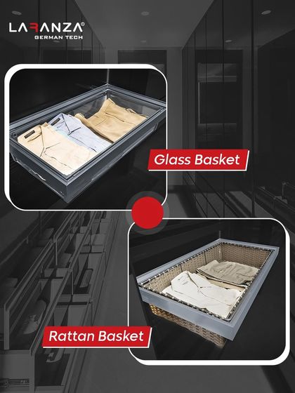 Choose your style: the modern, see-through Glass Basket or the warm, classic Rattan Basket. Both are designed to glide smoothly and provide excellent storage for folded garments.
