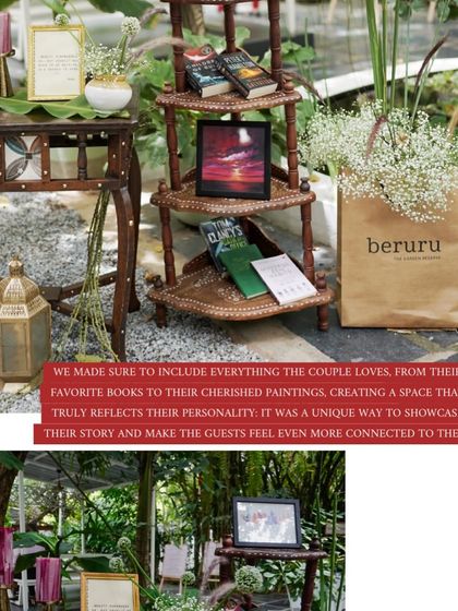 A personalized corner at a wedding, featuring the couple's favorite books and paintings, telling their story through their passions.