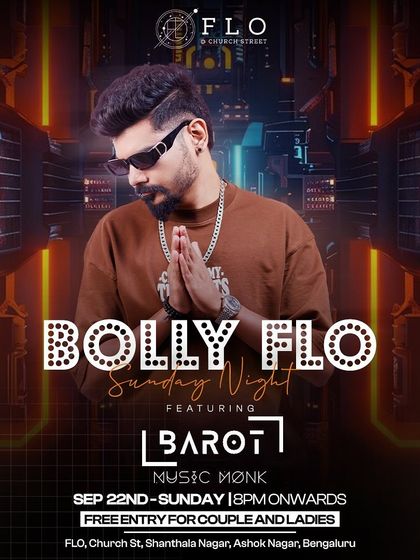 The official poster for a "Bolly Flo" Sunday night, featuring my "Music Monk" branding. It's all about creating a spiritual experience on the dance floor.
