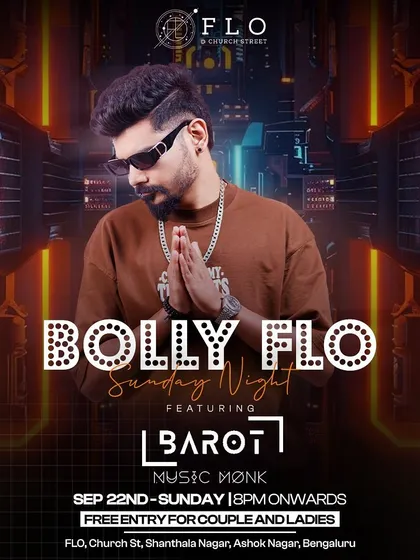 The official poster for a "Bolly Flo" Sunday night, featuring my "Music Monk" branding. It's all about creating a spiritual experience on the dance floor.